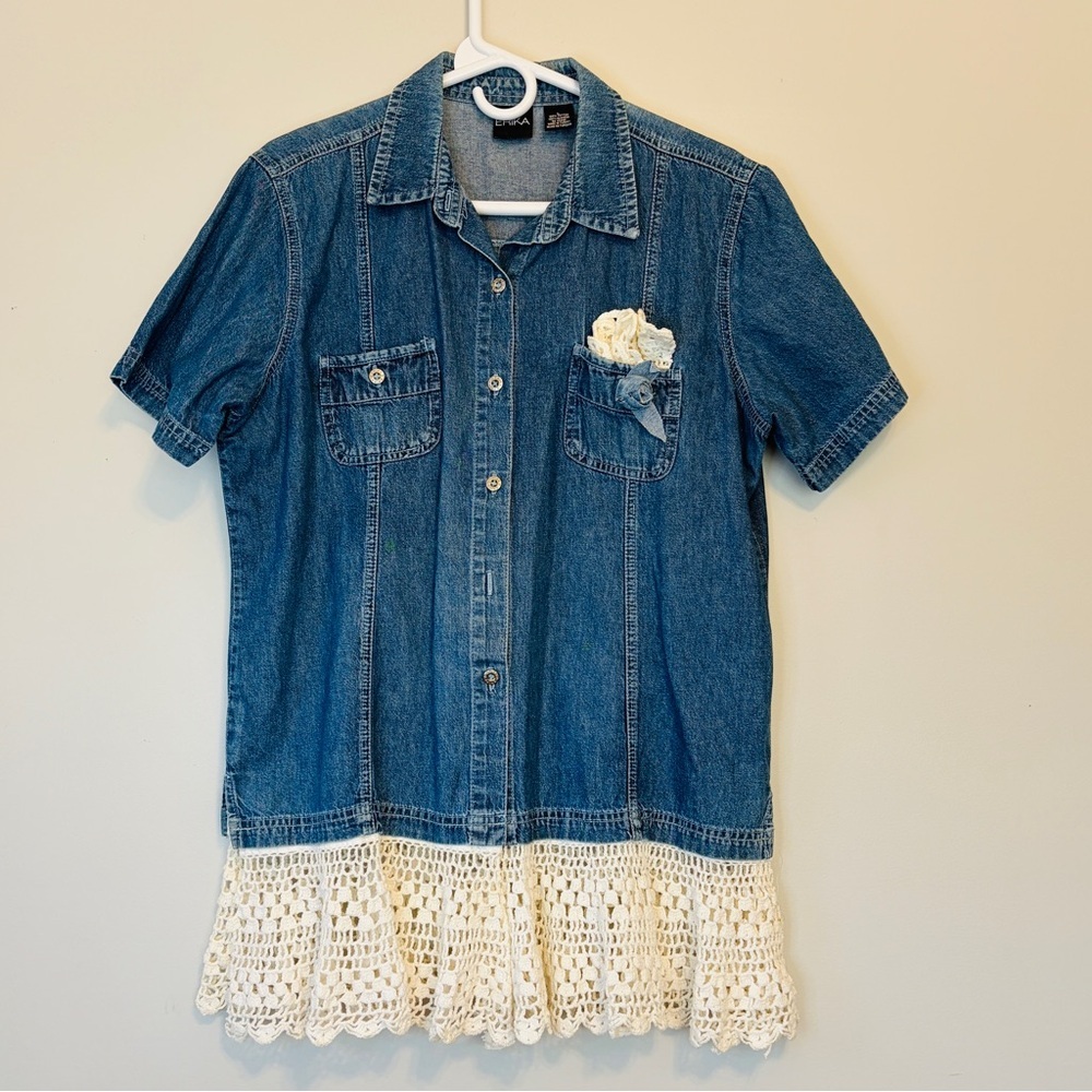 Erika Denim Button Down Shirt with Lace Trim